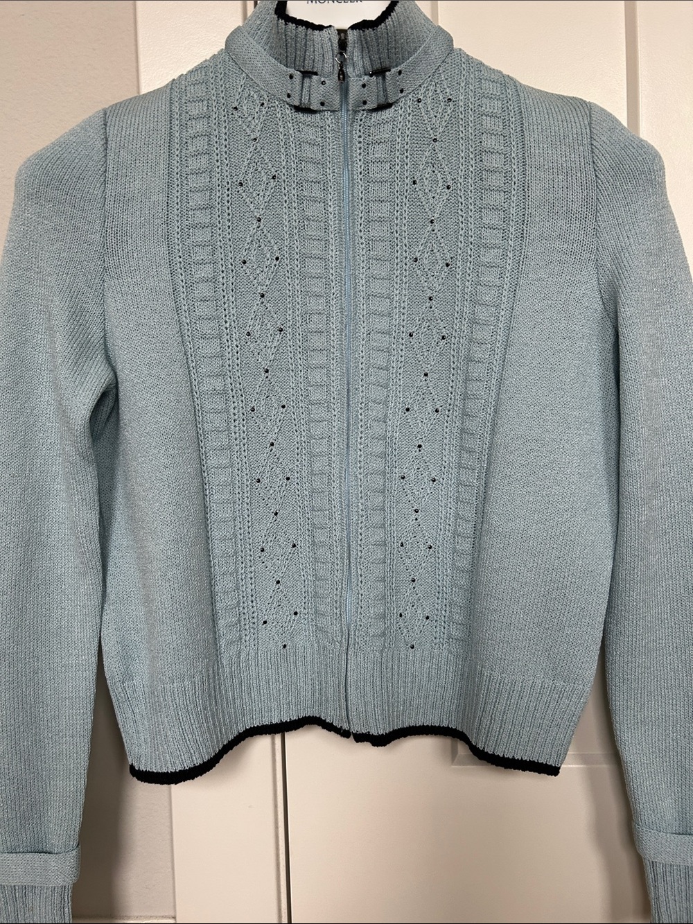 St. John Collection Women’s Light Blue Zip-Up Knit Sweater with Black Trim